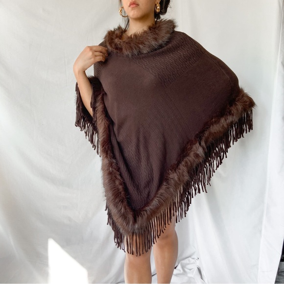 Brown faux fur tassel poncho duster - Picture 3 of 7